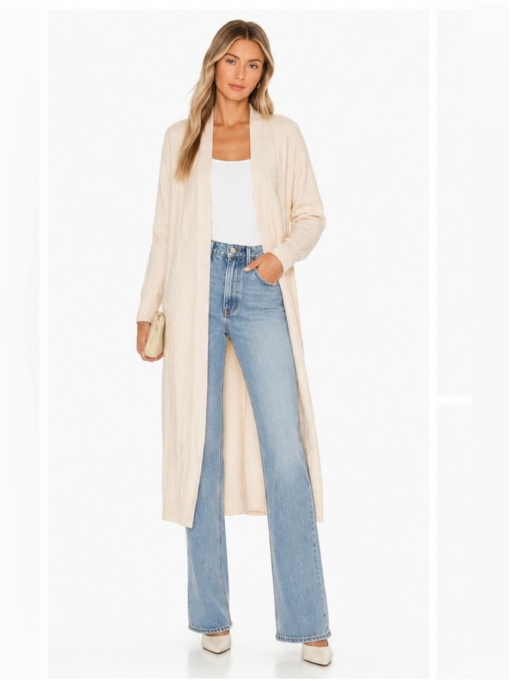 Cream Cable Knit Long Open Cardigan Sweater